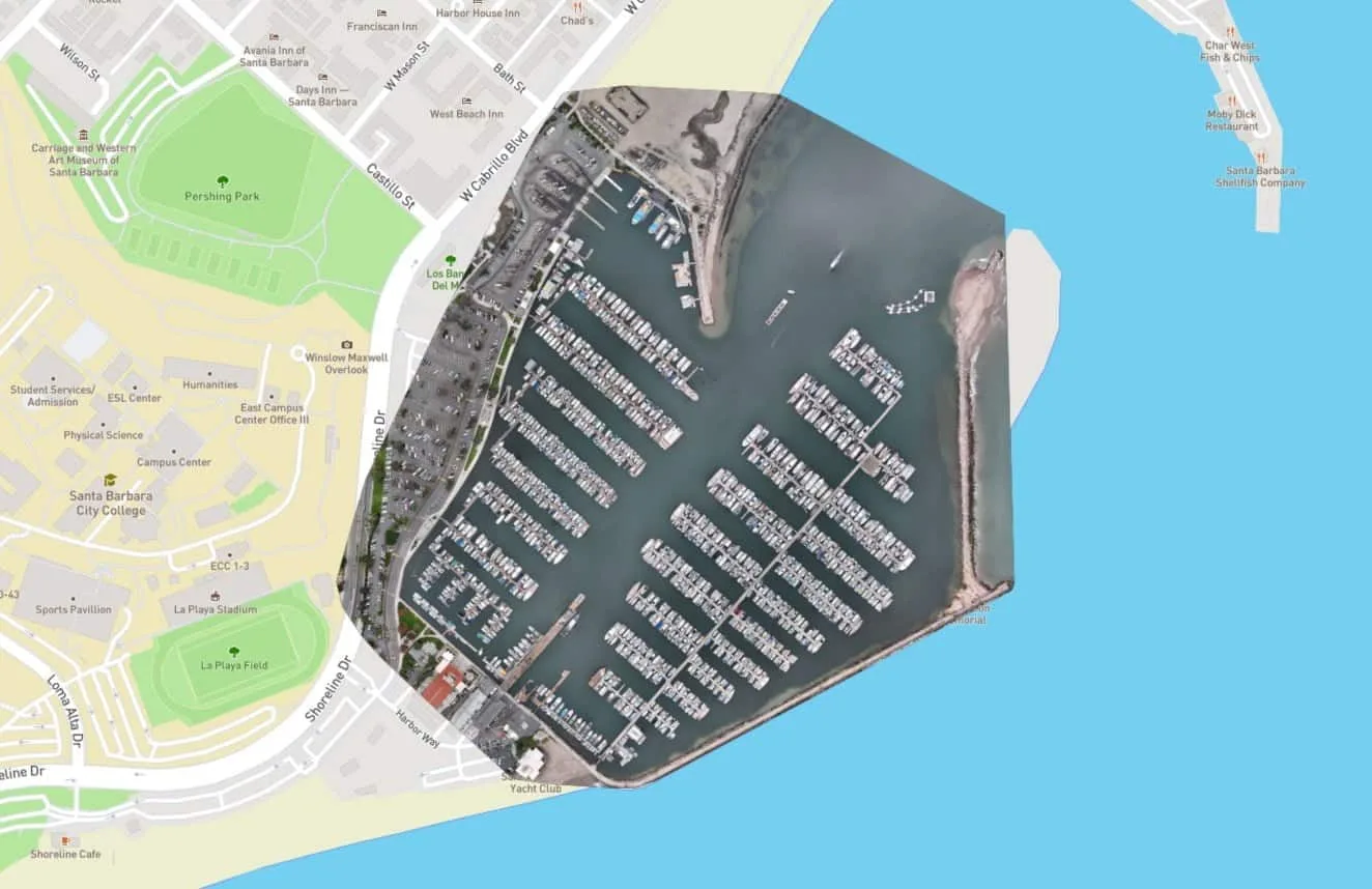 Drone orthomosaic of the Santa Barbara harbor overlaid on a map