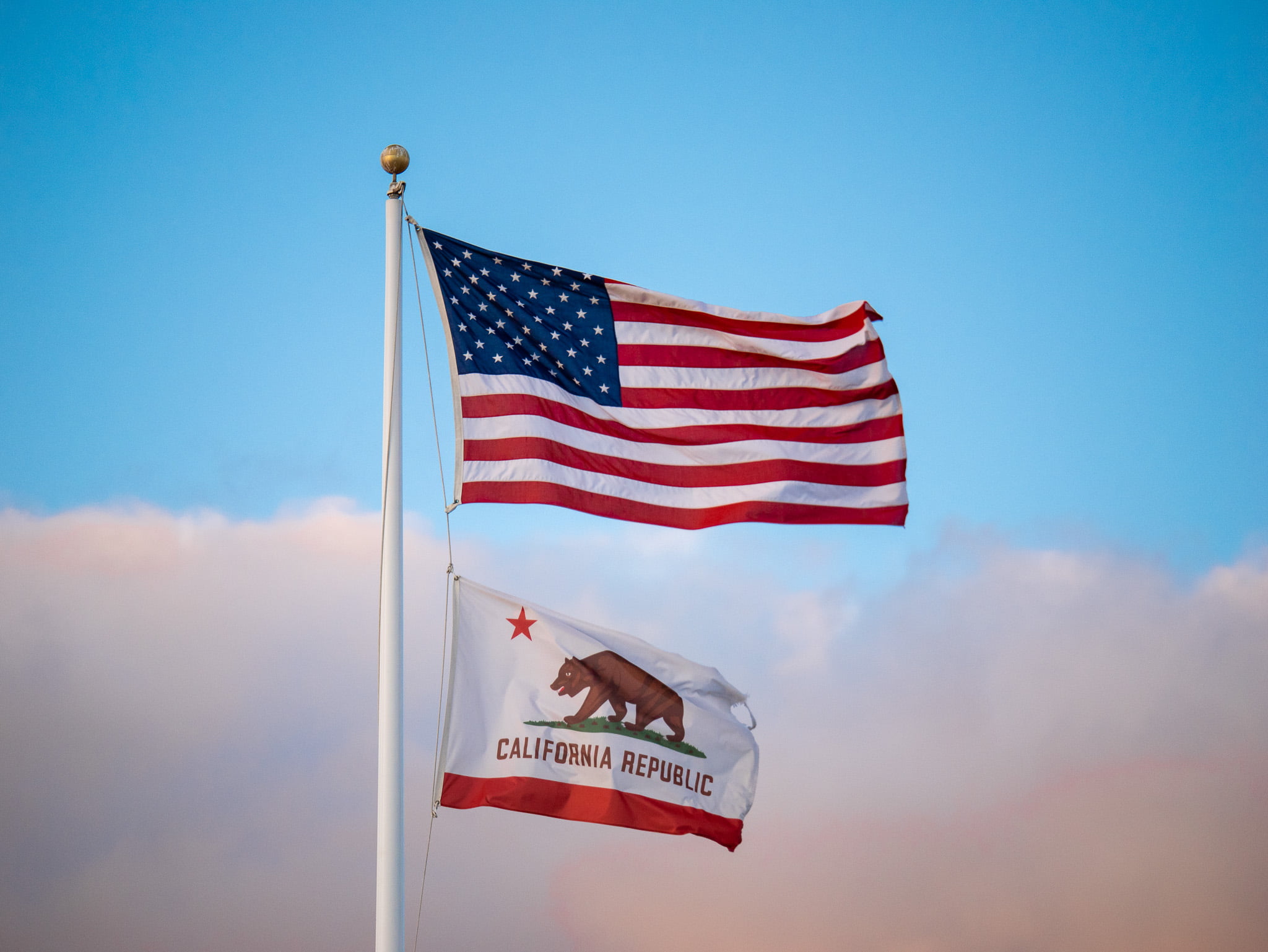 Roto Flight drone technology and Roto Flight aerial videography California symbolized by American and California flags, Roto Flight 3D mapping services.